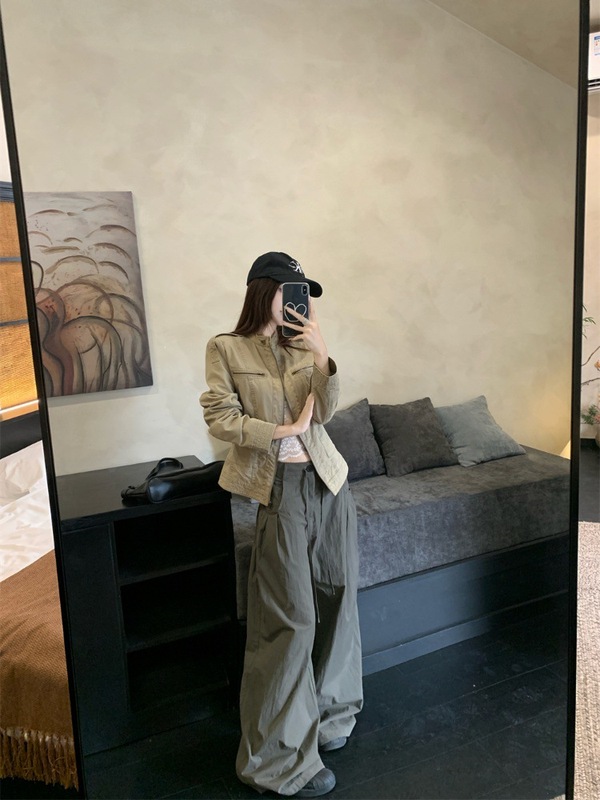 立领做旧美式复古短款牛仔外套女早秋新款正肩夹克上衣|undefined
