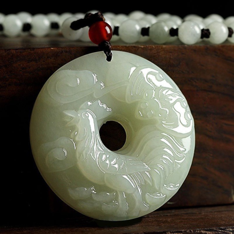 Mặt dây chuyền ngọc bích tự nhiên hình khóa an toàn 12 con giáp, dây chuyền đá phong thủy — Giấy chứng nhận đền túi quà có đường kính khoảng 45mm và độ dày 8 mm chi tiết 4