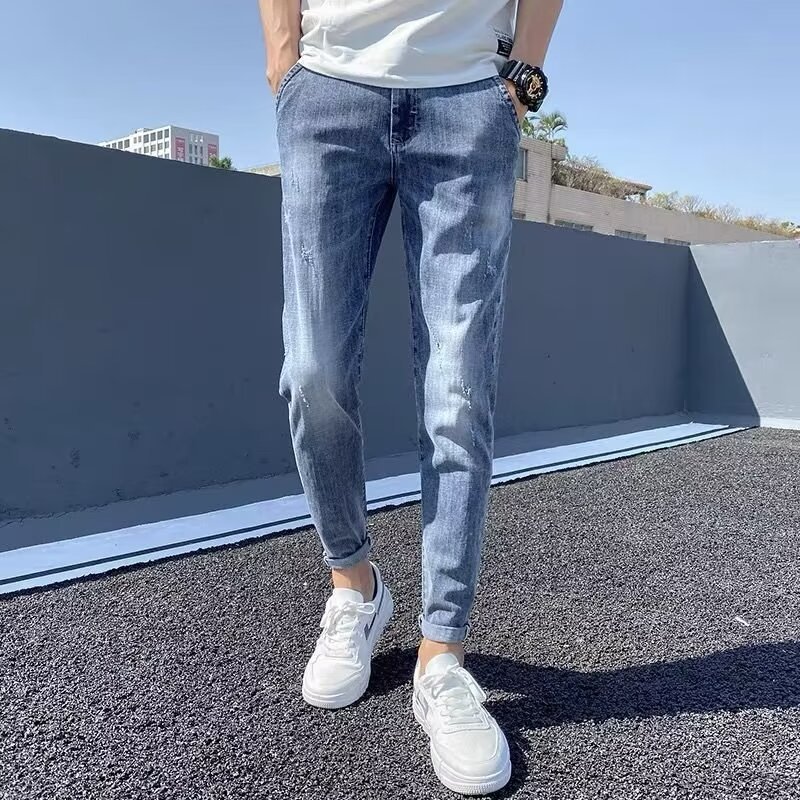 Spring 2024 Cropped Jeans Men's Slim-fit Stretch Korean-style Teenagers Light-colored Cropped Boys Trousers