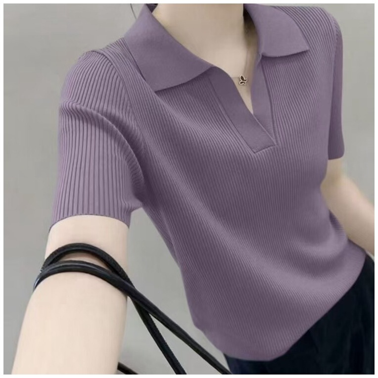 Dropshipping Solid Color Ribbed Knit Shirt Summer Women's New Style Polo Collar Regular Shoulder Short Sleeve Base Top