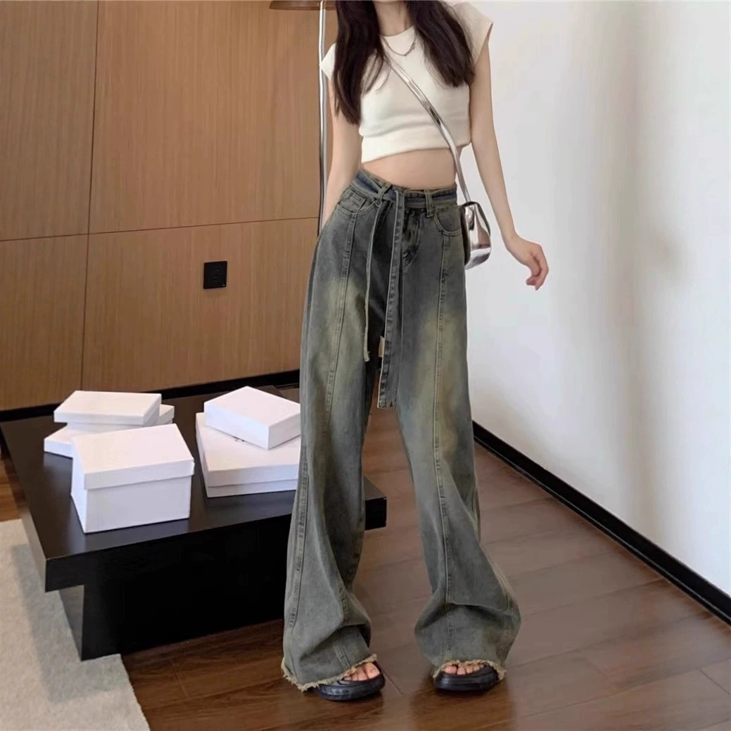 Лето 2023 Новый стиль Дизайн Чувство Ленивый Стиль Ниша Свободные Прямые Повседневные Широкие Джинсы С Мехом для Женщин
