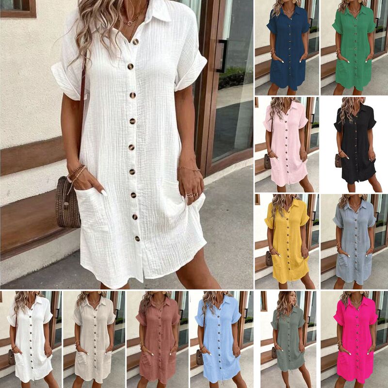 2026 Amazon European and American Cross-Border Casual Solid Color Cotton and Linen Button-Down Long Short-Sleeved Loose Shirt Dress for Women