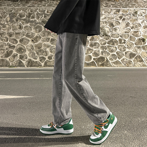 Stylish Smoke Gray Men's Loose Wide-Leg Jeans, Men's Hong Kong Style Ins Trendy Branded Straight Leg Pants