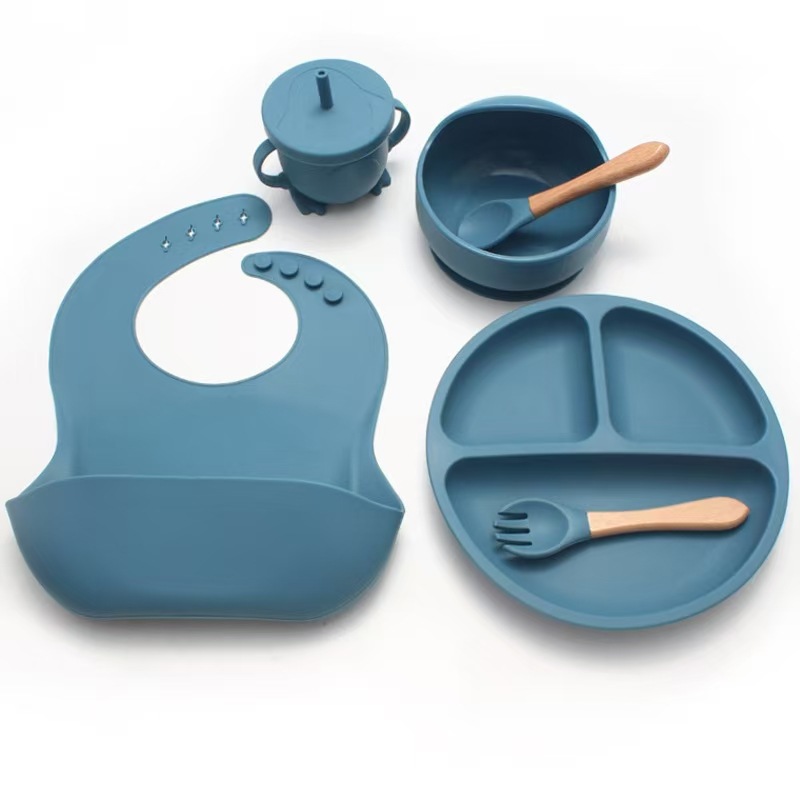 Amazon ベストセラー子供用食器セットスマイリーフェイスシリコンディナープレート離乳食ボウルよだれかけスプーンとフォーク卸売