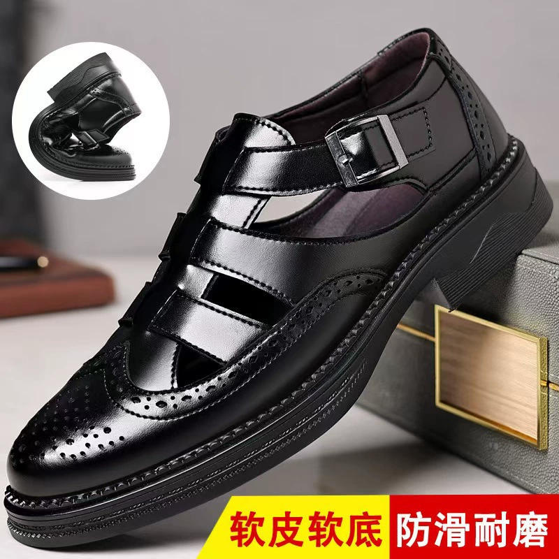 Летние мужские деловые сандалии с отверстиями, новинка 2024 года, пляжная обувь Baotou, резные туфли-броги, сандалии из натуральной кожи