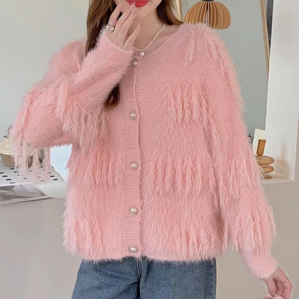 Otoño e Invierno nuevo estilo suave abrigo Faux visón terciopelo prendas de vestir exteriores suéter moda borla punto cardigan abrigo para mujeres