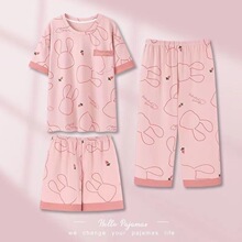 东南亚外贸睡衣女夏季三件套短袖短裤七分裤夏天薄款圆领卡通家居