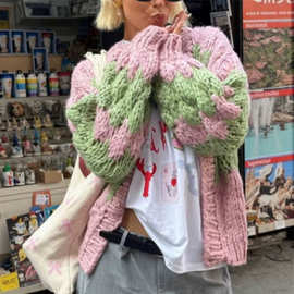 欧美跨境女装新品亚马逊提花针织开衫毛衣撞色女士休闲外套