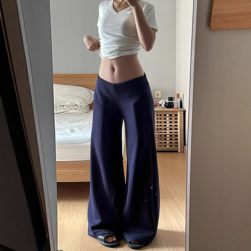 navy blue Low Waist Wide Leg Casual Pants Women's Autumn and Winter fleece-lined Sweat Pants Dipped Pants Slim-fit Slimming Sports Pants