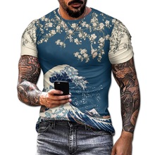 外贸欧美新款男装国风花卉植物印花短袖休闲运动时尚街潮上衣T恤