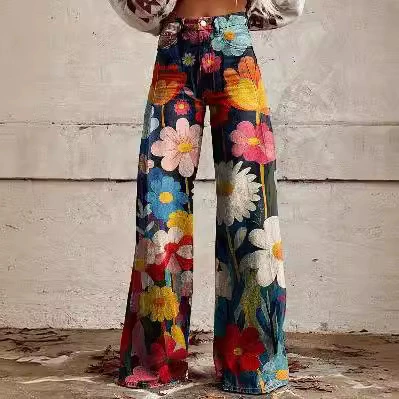 2024 летний трансграничный новый печатный тренд широкие брюки свободные повседневные широкие женские брюки