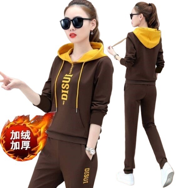 374#休闲运动服套装女秋冬季新款宽松连帽加厚加绒卫衣两件套|undefined