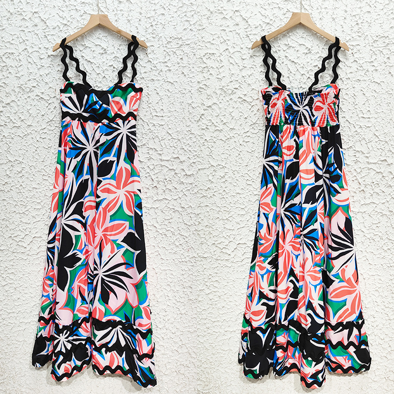 Spring New Cross-border Women's Fashion European And American Printed Vintage Bohemian Style Long Strap Dress_ecoleips.com