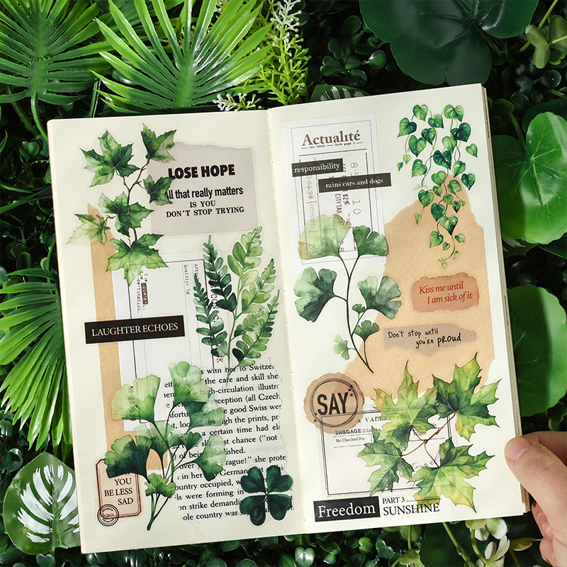 Sombra de hoja forestal transparente pegatinas impermeables para mascotas paquete diy pegatinas paisajísticas de cuentas de mano pegatinas de hojas de plantas retro transfronterizas