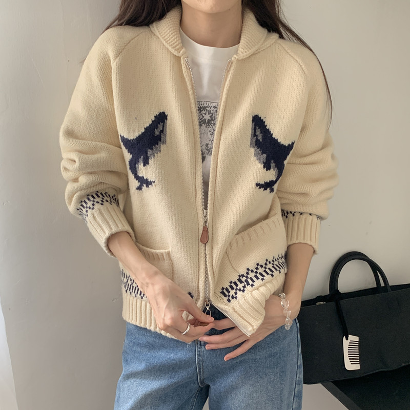 秋冬装韩版慵懒气质重工海豚提花图案翻领拉链毛衣针织开衫外套|undefined
