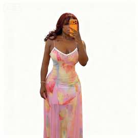 26春季新款扎染印花吊带裙长裙民族风彩虹色花边连衣裙非洲爆款