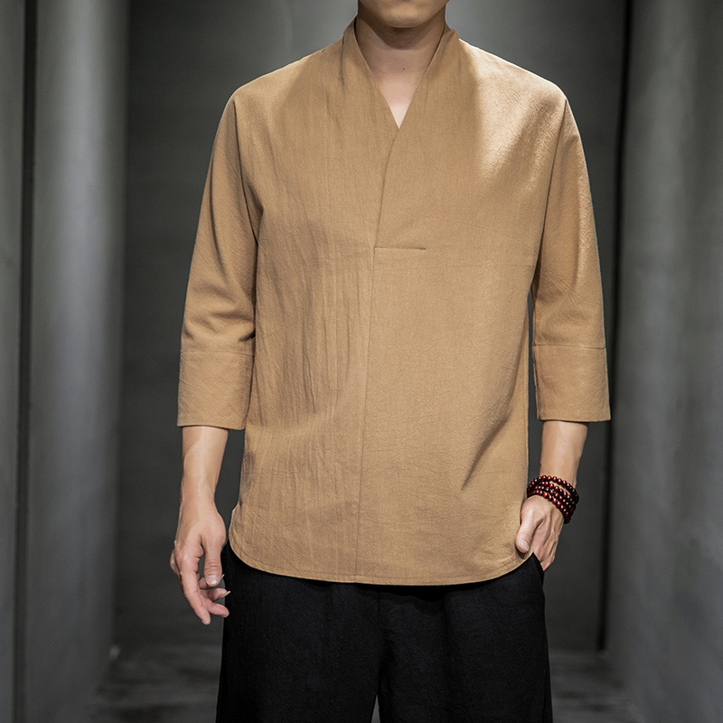 2024中国风复古棉麻短袖V领T恤夏季七分袖男亚麻汉服T恤潮牌衣服