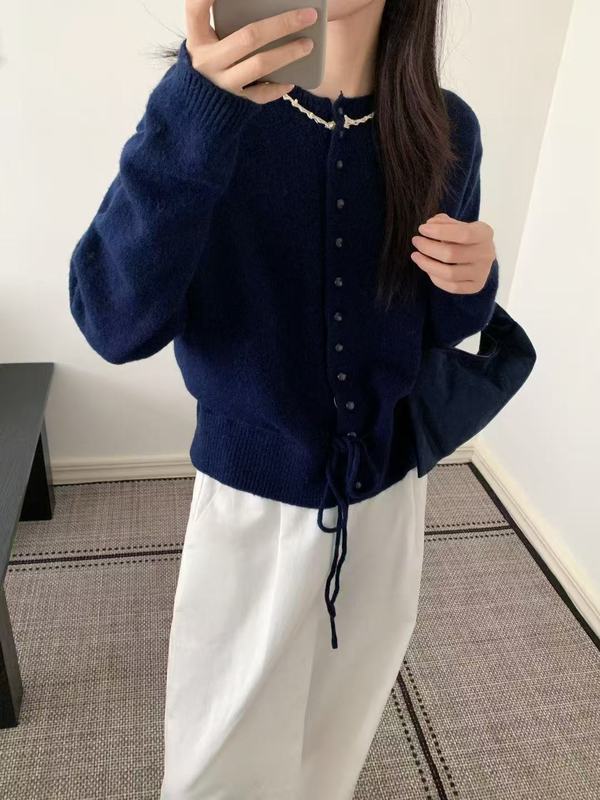 温柔风抽绳长袖毛衣女2秋冬新款收腰显瘦荷叶边设计感针织上衣女|undefined