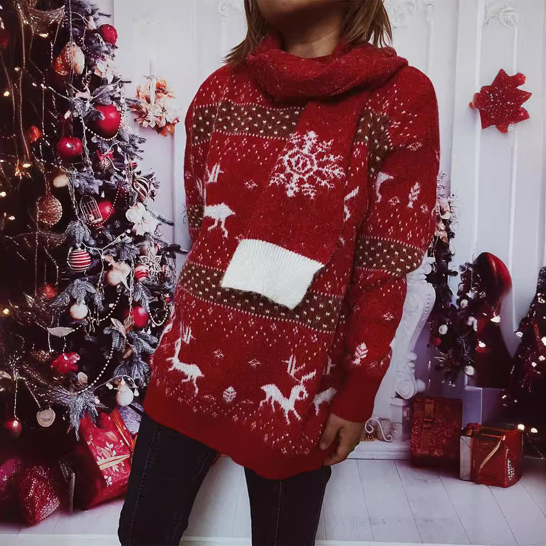 Damenbekleidung Herbst und Winter Neu Rundhals Langarm Hirsch Schneeflocke Jacquard Weihnachtspullover Schal Zweiteiliges Set_voghion.com