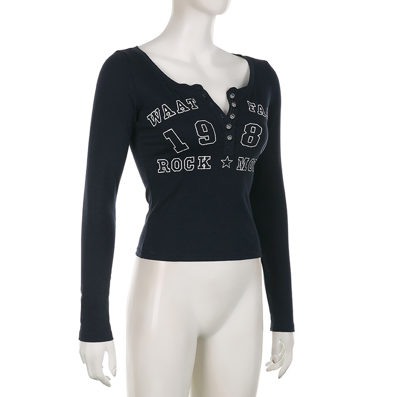 Letters Numbers Printed Long Sleeved T Shirt Women Half Breasted V Neck Pullover Base Short Top