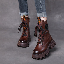 头层牛皮马丁靴女秋冬加绒保暖新款百搭松糕底中筒拉链机车靴高跟