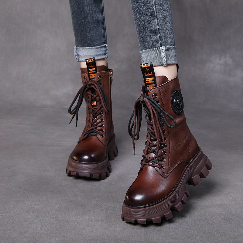 头层牛皮马丁靴女秋冬加绒保暖新款百搭松糕底中筒拉链机车靴高跟