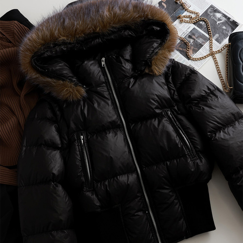 [Black Hooded Sleeve Fox Fur Collar Separate Down Jacket Waist 90 Down White Duck Down Warm Women's Coat]