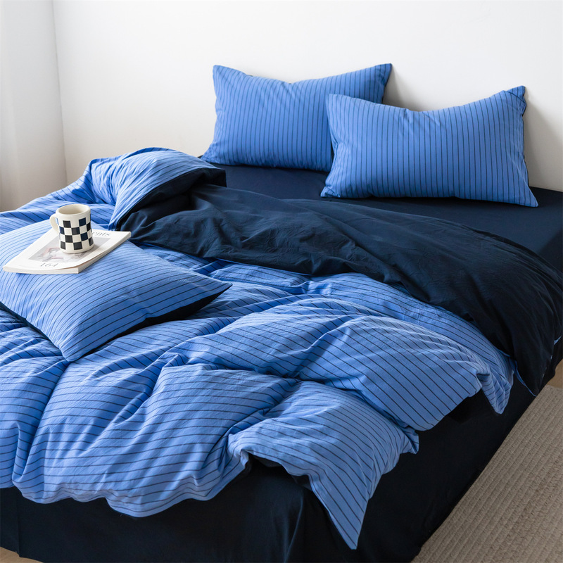 Class a Pure Cotton Yarn-Dyed Washed Cotton Four-Piece Set, Simple Striped Student Dormitory Single Bedding Set, Suitable for All Seasons Class a Pure Cotton Yarn-Dyed Washed Cotton Four-Piece Set, Simple Striped Student Dormitory Single Bedding Set, Suitable for All Seasons