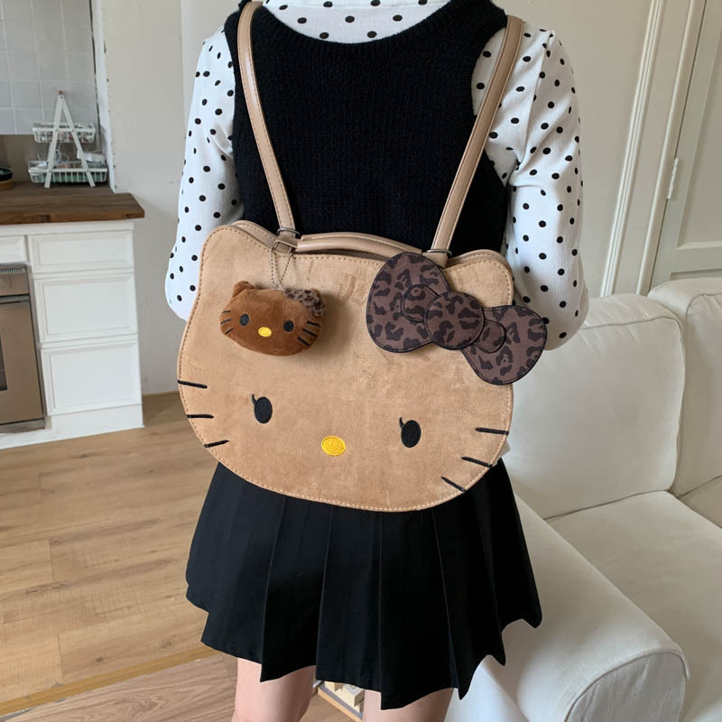 软妹风可爱黑皮kitty双肩包女新款甜美时尚豹纹多功能单肩斜挎包|undefined