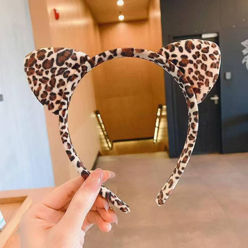 Leopard Print Cat Ear Headband with Collar, Gold Velvet Plush, One Size — detail image 4