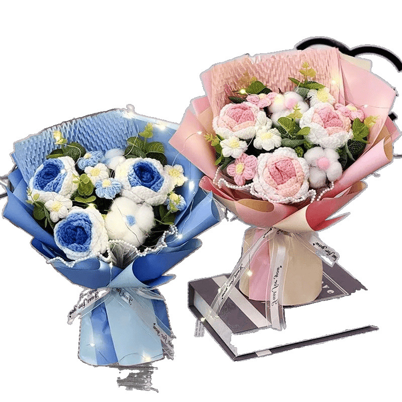 Ramo terminado de rosas tejidas a mano transfronterizas, flor de lana, regalo de cumpleaños para novia, amigo, madre