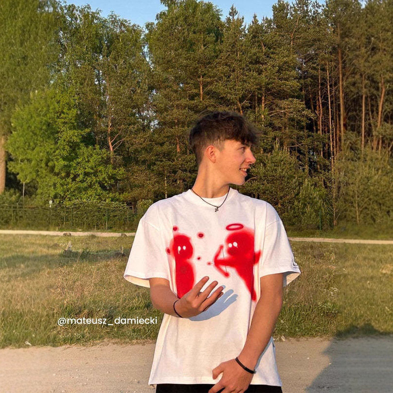 Little Angel American Funny Fuzzy Cartoon Print Short-sleeved T-shirt Men's Fashionable Loose Simple High Street Couple TEE