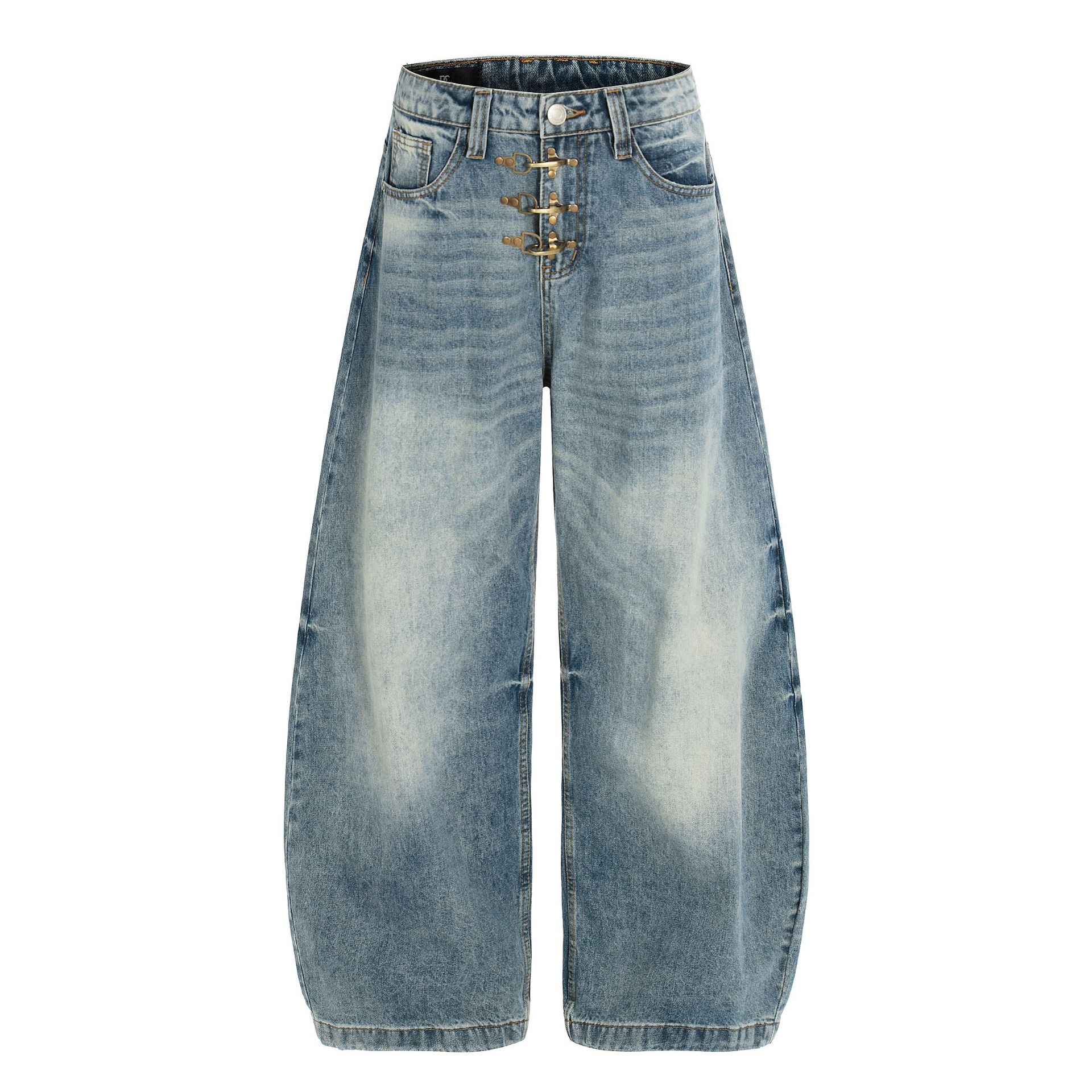 Vintage Distressed Flared Denim Jeans High Street Cotton Blend_voghion.com