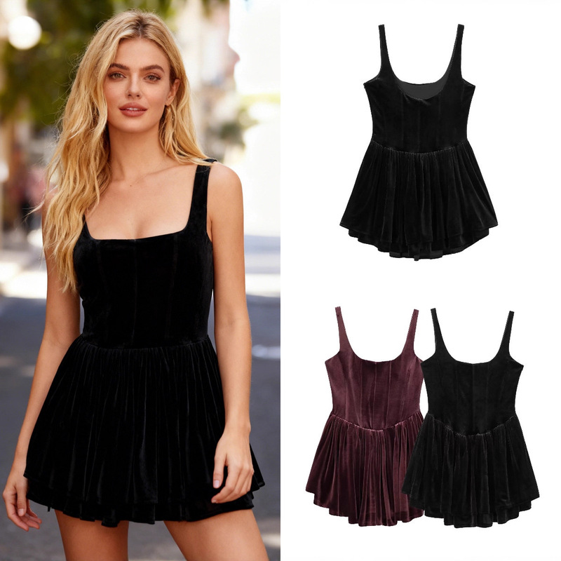 Za Export Cross-Border Spot Wholesale European and American Style Women's Summer Fashion Party Velvet Corset Style Dress
