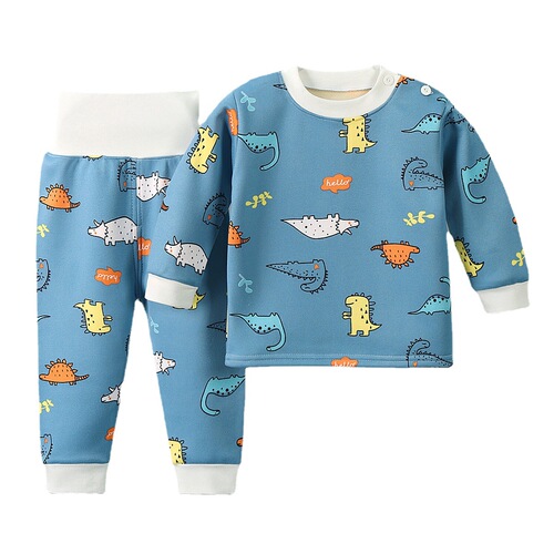Winter and Autumn Children's Fleece High-Waist Pants Warm Innerwear Set for Boys and Girls, Baby-Thick Autumn Top and Bottom Pajamas, Can Be Sent in One Piece