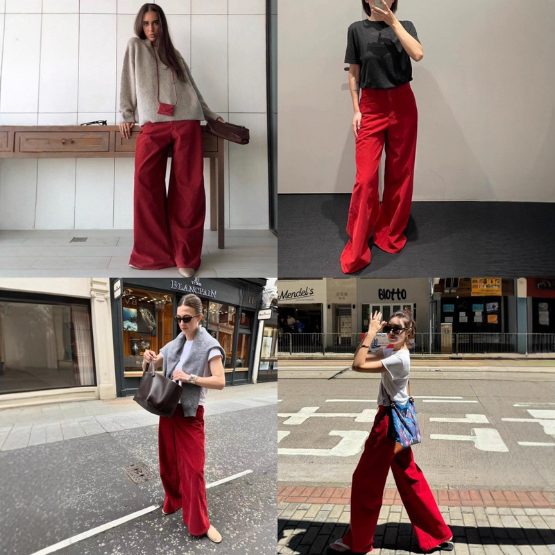 Vintage Fashion Row Corduroy Red High-Waisted Wide-Leg Pants for Women Spring Loose Versatile Floor-Length Casual Pants Vintage Fashion Row Corduroy Red High-Waisted Wide-Leg Pants for Women Spring Loose Versatile Floor-Length Casual Pants
