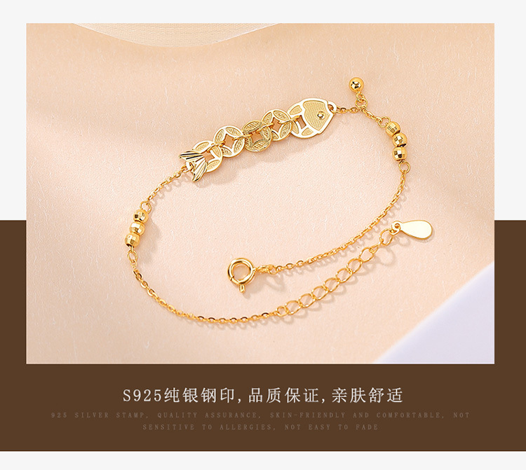 Vòng tay bạc S925 mạ vàng hình cá koi và đồng xu Trung Quốc phong cách thời trang — Loại bạc chi tiết 5