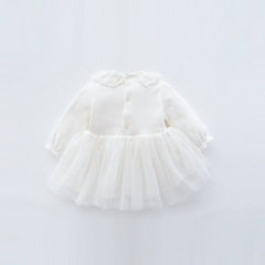 春秋款長袖公主裙女寶禮服裙蓬蓬裙新生兒白色蕾絲紗裙嬰兒連衣裙