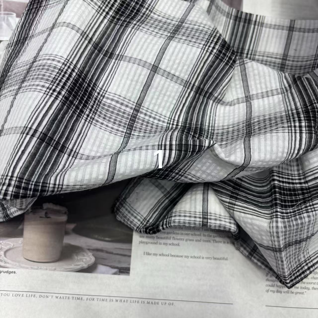 日系文艺格子短袖衬衫男士女士衬衫连衣裙家居服色织泡泡格子布料