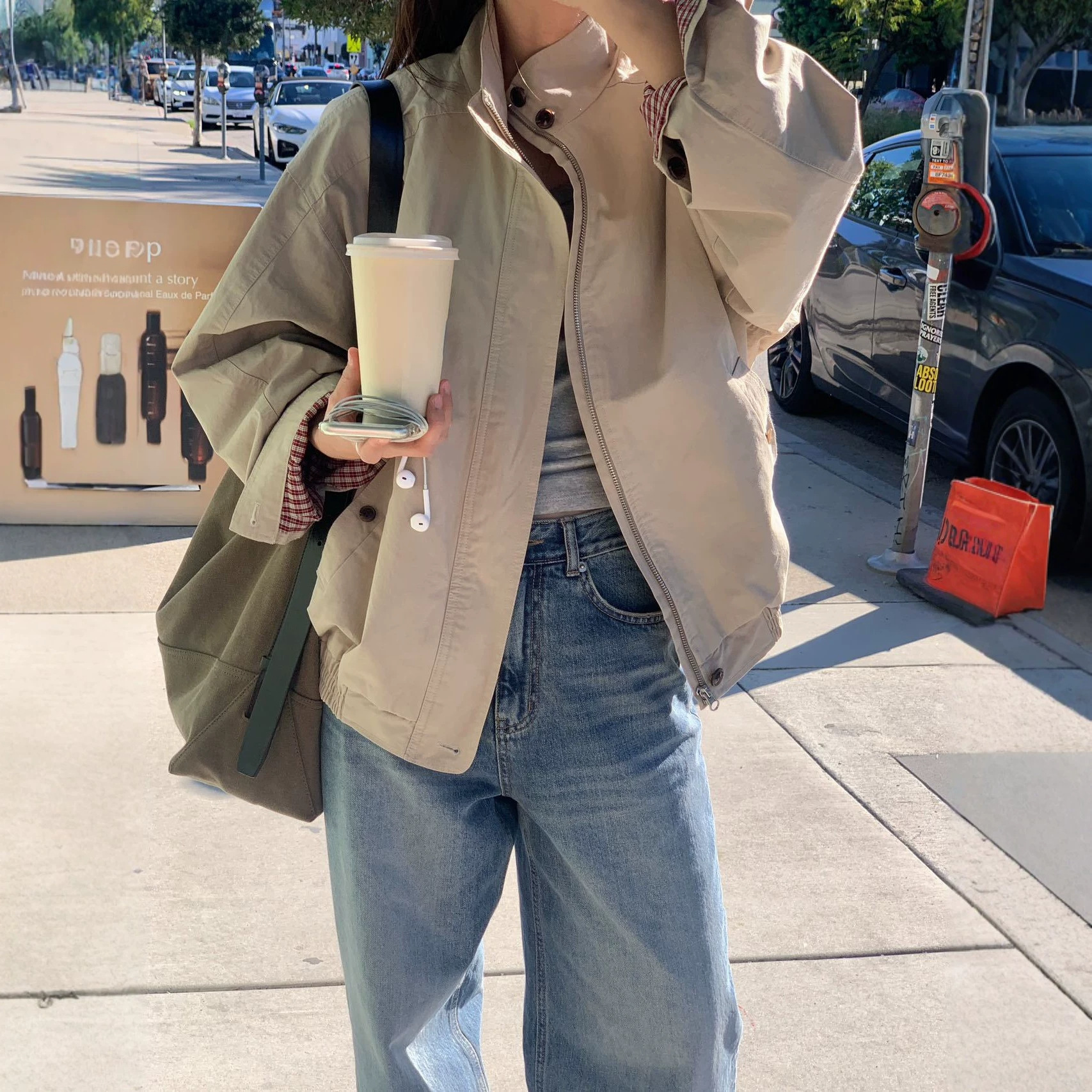 OU Four Seasons Green Women's Korean Dongdaemun Retro Stand Collar Short Jacket with Zipper Buckle Loose Fit