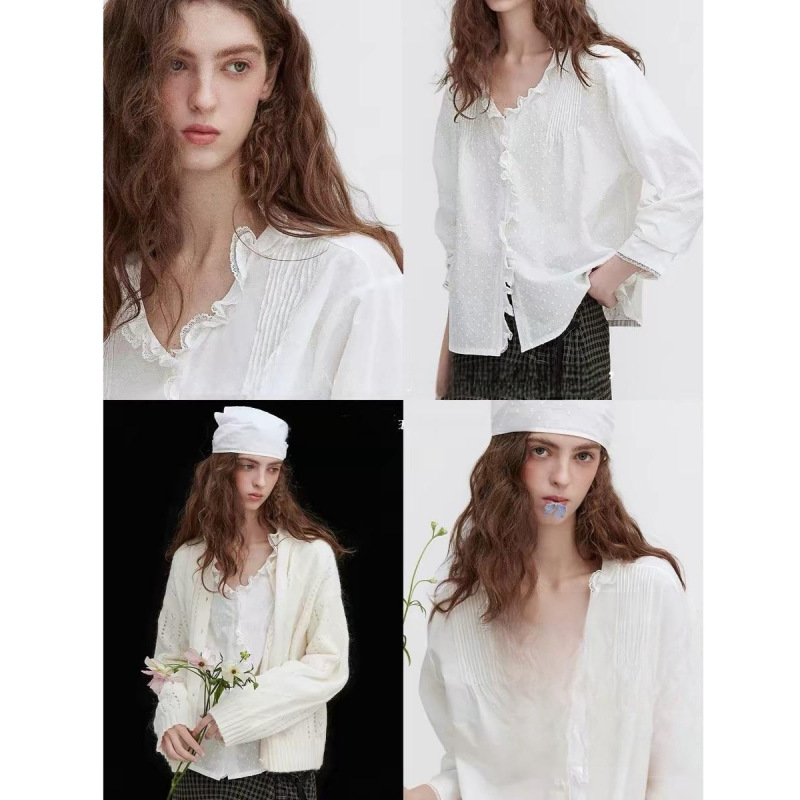 Letn Wild Strawberry' Romantic Ruffled Embroidered Lace Deep V-Neck Gentle Cotton Shirt for Women