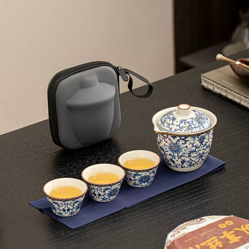 汝窑青花陶瓷功夫旅行茶具套装一壶三杯户外便携收纳快客杯伴手礼