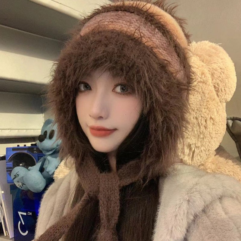 渐变色毛绒针织帽女秋冬季保暖护耳套头帽可当包包可爱彩色毛线帽|undefined