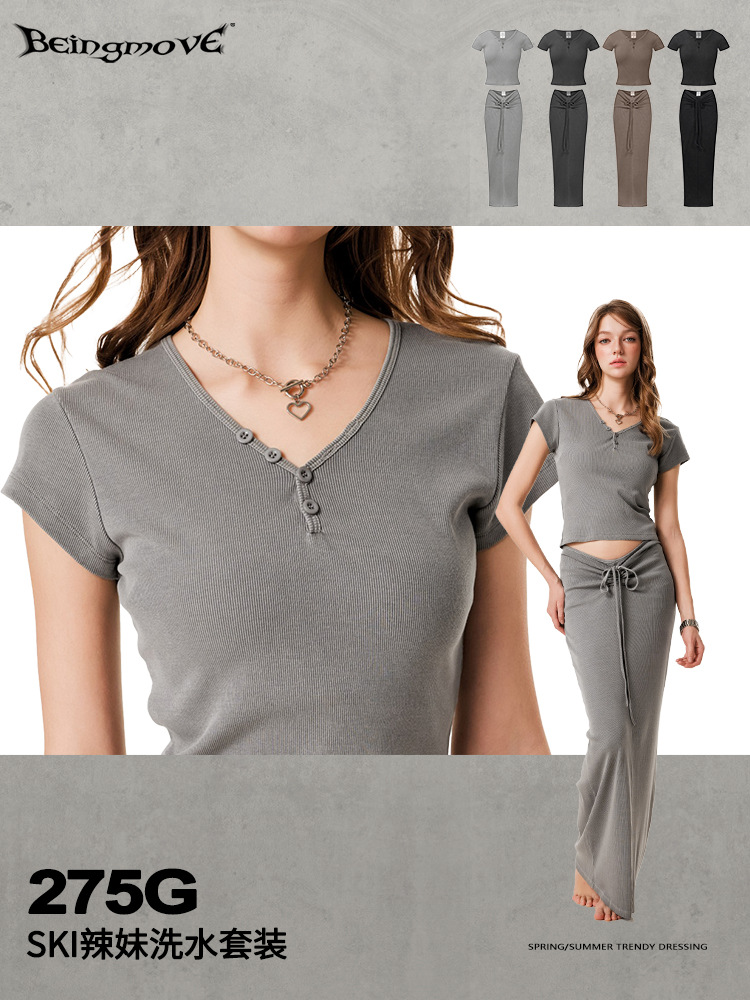 2025 verano chica caliente americana lulu corto cuello en V manga corta top con cordones bolso de cadera falda de media longitud mujer de dos piezas image 3