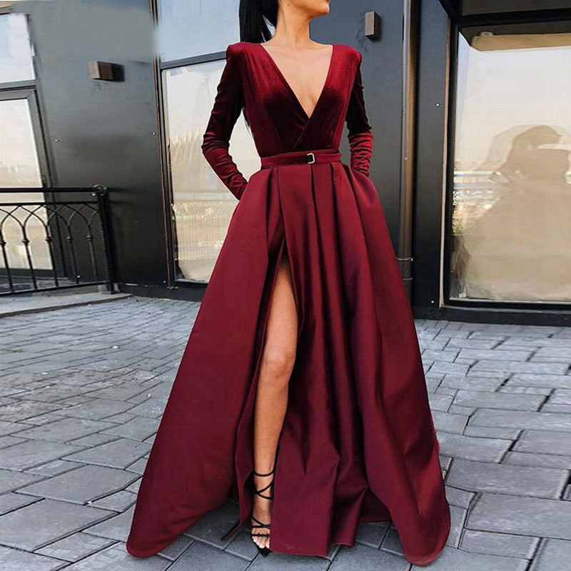 Vestido de noche de terciopelo para mujer, estilo europeo y americano, para comercio exterior, Amazon, AliExpress, Wish, con cuello en V y manga larga, para banquetes