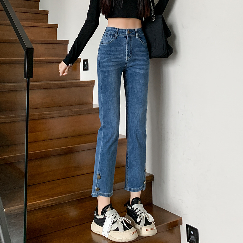 レトロブルーハイウエストジーンズレディースストレートパンツ2025秋スリムナローバージョン小柄な9点シガレットパンツ|undefined