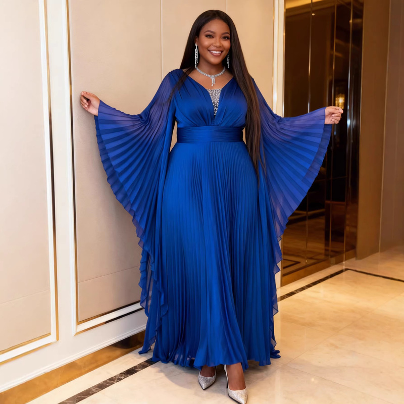 Plus-Size Women's Batwing Sleeve Dress, Beaded V-Neck, Waist-Cinching, Long Elegant Party Dress with Pleated Chiffon