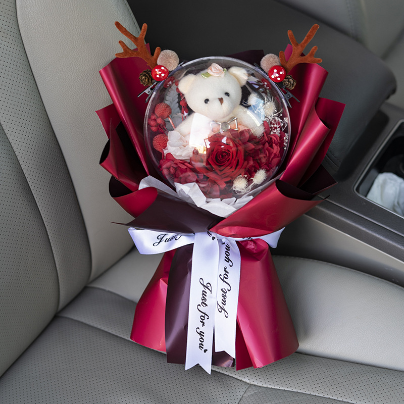 Ramo de muñeca Bobo Ball con rosa eterna grande, con cadena de luz, caja de regalo, regalo de Navidad para novia y compañeras de clase.