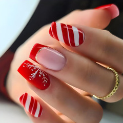 Santa red and white striped glitter snowflake false nail stickers European and American holiday atmosphere jelly glue wearing nails nail art