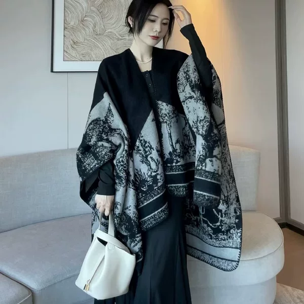 Simple 2024 Niche Imitation Cashmere Dark Split Cape Autumn and Winter Warm Unisex Double-sided Ethnic Style Shawl Scarf